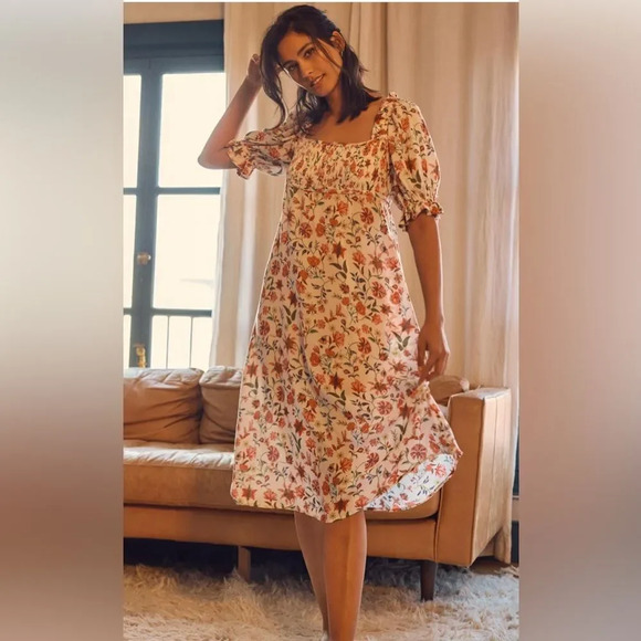 NEW Anthropologie By Mark D. Sikes Smocked Puff-Sleeve Dress Floral - Picture 1 of 16